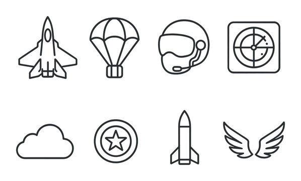 Aviation symbols set: jet, parachute, helmet, radar, cloud, shield, rocket, wings