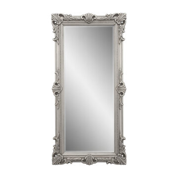 Ornate silver framed full length mirror isolated on a transparent background