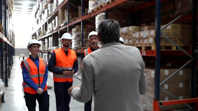 Warehouse manager instructing workers during briefing