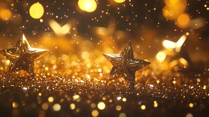 Golden stars are scattered across a glittering surface, creating a magical and festive atmosphere with bokeh lights