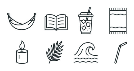 Relaxation icons: hammock, book, drink, candle, wave, straw, leaf, rug