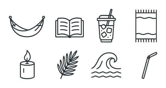 Relaxation icons: hammock, book, drink, candle, wave, straw, leaf, rug