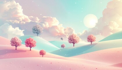 Dreamy Pastel Hills with Blossom Trees