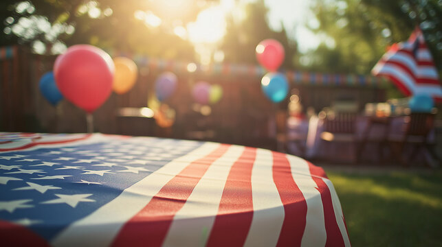 Outdoor party table with American flag tablecloth and balloons