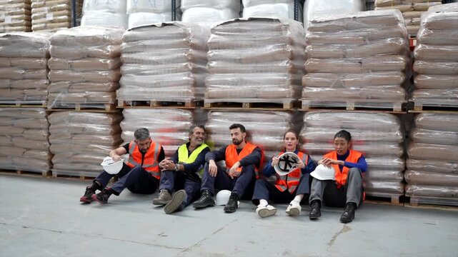 Exhausted logistics warehouse workers ending their break