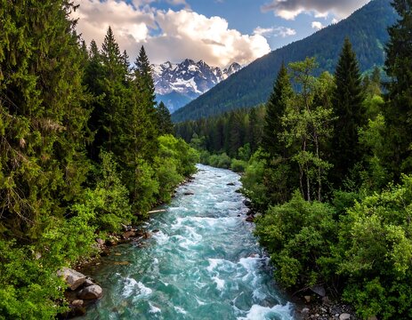 River flowing through a lush green valley with snow-capped mountains - Powered by Adobe