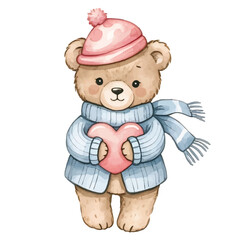 Cute Bear in Sweater and Hat Holding a Pink Heart