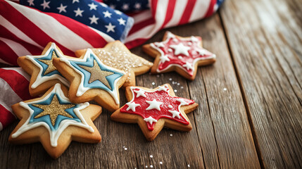 Star-shaped patriotic cookies with icing on wooden table