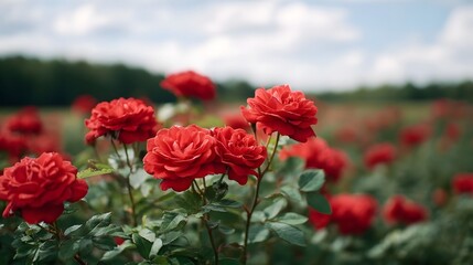 A vibrant field of blooming red roses under a bright cloudy sky