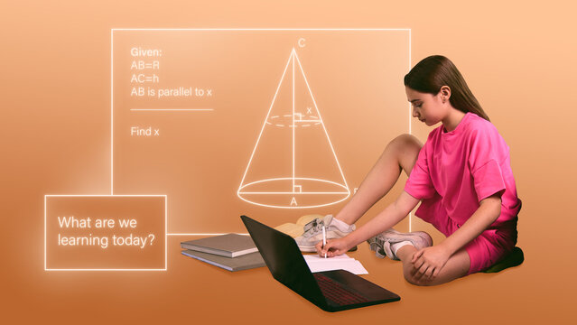 Collage art. Focused girl studying geometry with digital learning interface on orange background. Concept of AI tutoring platforms, futuristic education tools, study services, and academic UX design.