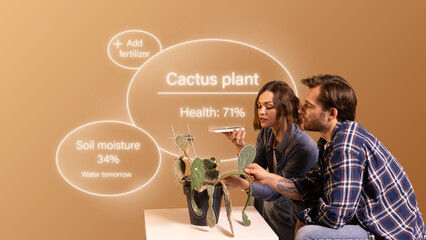 Trendy collage. Couple analyzing cactus health with smart plant care interface on orange background. Concept of AI monitoring, home automation ads, plant diagnostics, and digital service visuals.