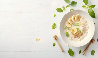 Overhead view of oatmeal breakfast with banana slices and fresh green herbs