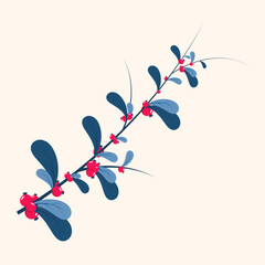 Red berries. Winter plant. Winter branches and leaves. Winter floral elements. Holiday decoration. Vector illustration