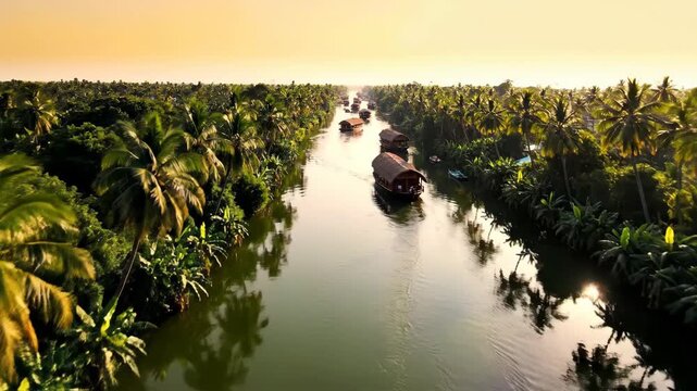 Celebrating Kerala Piravi Serene Backwaters with Houseboats Amidst Lush Coconut Trees at Sunrise, India Tourism