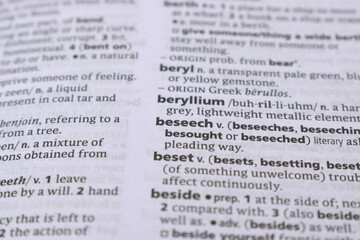 Fototapeta premium English Dictionary Page Close Up With the Word Of -beseech