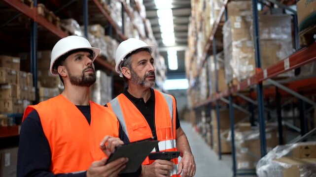 Warehouse workers managing inventory with scanner and tablet