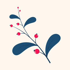 Red berries. Winter plant. Winter branches and leaves. Winter floral elements. Holiday decoration. Vector illustration