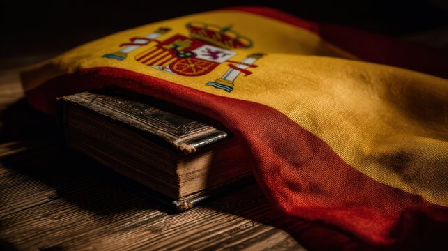 A Spain flag partially draped an old leather-bound book, dramatic desk lamp lighting casting accurate shadows, wood grain