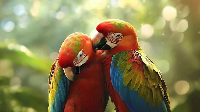 A cinematic warm and romantic video of two colorful macaws cuddling affectionately under soft golden sunlight in a lush tropical forest.