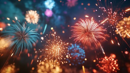 A mesmerizing display of fireworks bursts with vibrant colors, illuminating the night sky with festive cheer