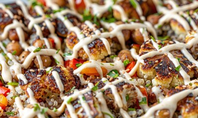 Roasted cauliflower and chickpea bowl with tahini dressing and fresh herbs