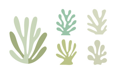 Set of five green abstract botanical shapes in various forms on white background