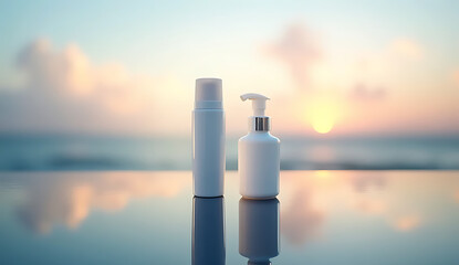 Elegant skincare product duo for luminous beauty, ideal for spa promotions and wellness campaigns, evoking tranquility and a radiant glow, perfect for healthy lifestyle ads