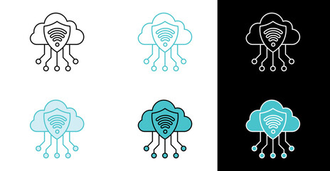 Cloud with shield and wifi signal icon for secure data connection in line and fill style