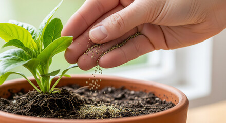 a seed that is being fertilized with the gentle touch of a human hand