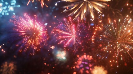 A vibrant fireworks display illuminates the night sky with bursts of color, creating a festive atmosphere