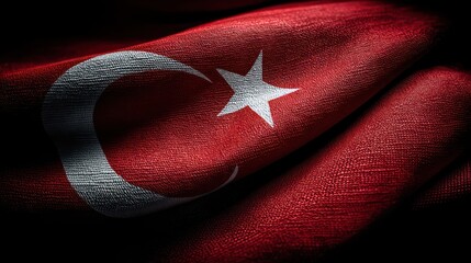 Close-up angled of Turkish flag edge, crescent and star centered within folds. Lighting emphasizes stitching precision and realistic