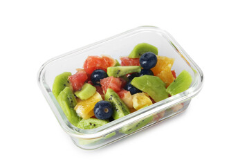 Tasty fruit salad in glass container isolated on white. Healthy snack