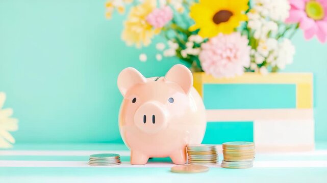 Adorable pink ceramic pig bank with gleaming currency stacks against vibrant floral setting, symbolizing financial growth and saving