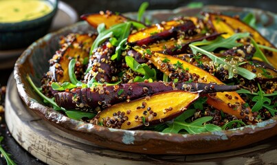 Roasted carrot salad with quinoa and arugula served on rustic plate
