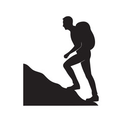 Fototapeta premium Silhouette of a hiker climbing a rocky hill with a backpack in the mountains trekking adventure illustration