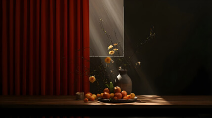 a table with a vase of oranges and a vase of flowers