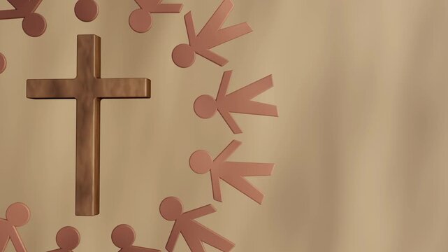 A 3D animation of figures circling a cross suggests meditation, community, and shared belief. This symbolizes people gathering around the continuous nature of worship or a life centered on the cross.