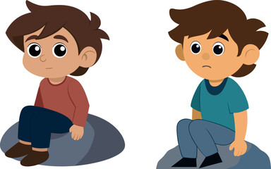 boy sitting alone, thoughtful kid cartoon, emotional reflection art, mental awareness illustration, peaceful child vector, young boy in silence, mindfulness cartoon design, introspection and calmness 