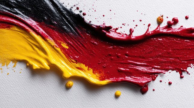 Germany flag designed using glossy liquid paint splashed across pristine white canvas, sharp of texture captured, exposure balanced