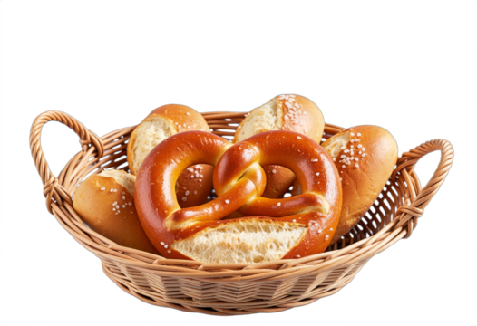 Basket of fresh baked bread and pretzels