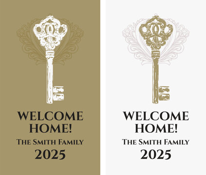 Vector banner set or custom, personalized alcohol bottle label featuring a key. With vintage lettering, font, and decor. Suitable for housewarmings, anniversaries, and celebrations. No AI.