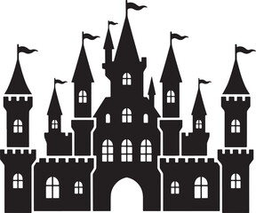 Obraz premium Fairytale Castle Silhouette Illustration of Medieval Fortress Building Architecture Design