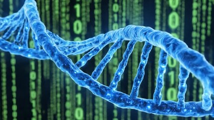 Animated dna strand with binary code background revealing genetic information - Powered by Adobe