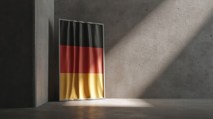 Germany flag displayed within a polished steel frame leaning against matte wall, spotlight angled for realistic shadow depth,