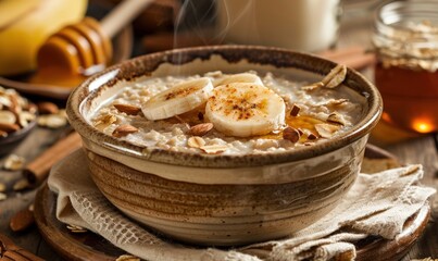 Rustic oatmeal bowl with banana slices for healthy breakfast food