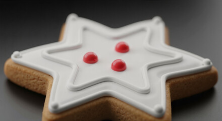 Star-shaped gingerbread cookie with white icing and red decoration on dark background