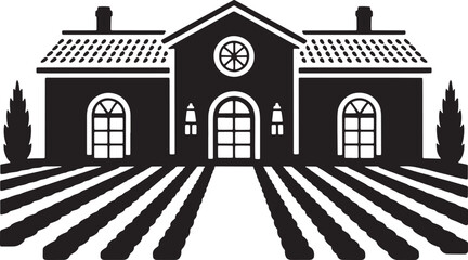 Villa House Building Silhouette with Pathway Trees and Striped Ground in Vector