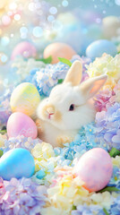 Fluffy Easter Bunny Surrounded by Colorful Easter Eggs and Flowers. A cute white bunny nestled among pastel-colored Easter eggs and flowers.