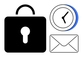 Black lock, clock with blue accent, and envelope. Ideal for privacy, cybersecurity, time management, work productivity, email protection secure messaging and secure communication. Simple flat
