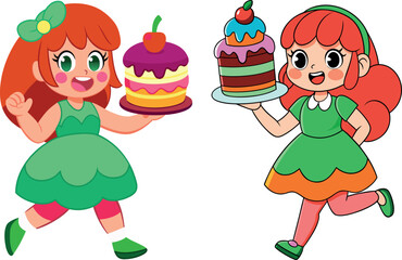 Obraz premium kids holding cake cartoon, dessert celebration illustration, birthday happiness vector, sweet food art design, childhood fun artwork, cute children dessert cartoon, happy party theme, illustration of 